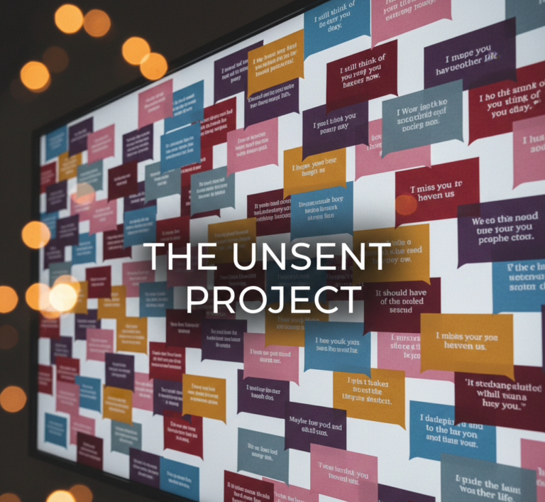 The Unsent Project archive showcasing millions of anonymous, color-coded messages to first loves with growth statistics and emotional data charts.