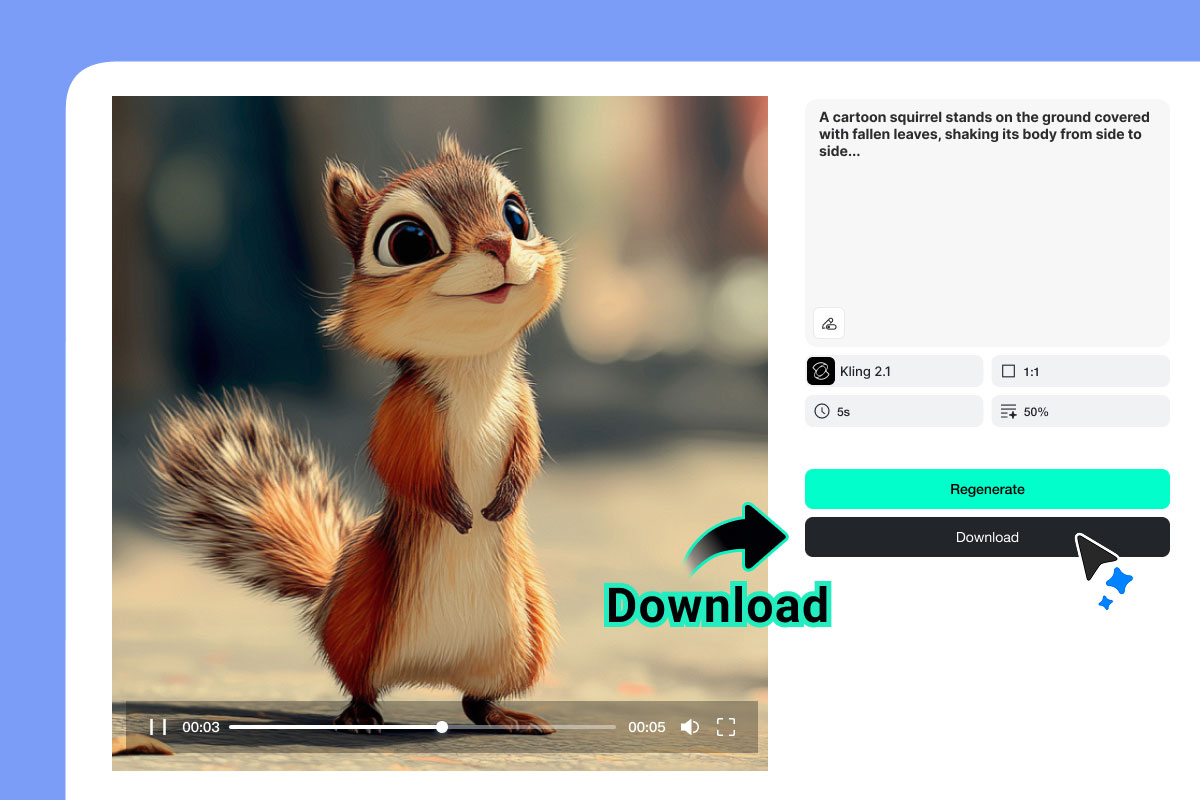 Preview the generated clip and revise the prompt or settings if needed. Set the Ratio Resolution and Duration